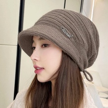 双层加厚兔毛针织帽女韩版休闲抽绳百搭针织帽优雅钻标护耳保暖帽