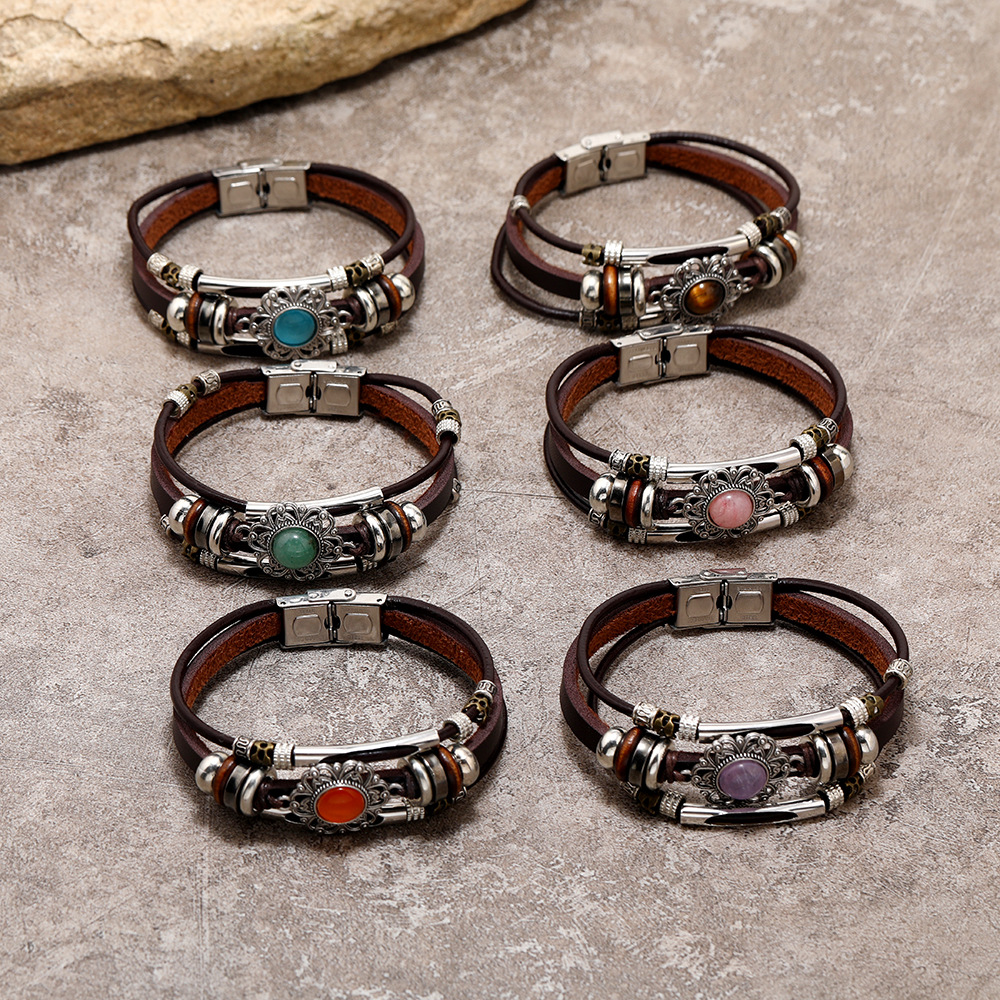 1 Piece Retro Flower Pu Leather Inlay Turquoise Unisex Bracelets