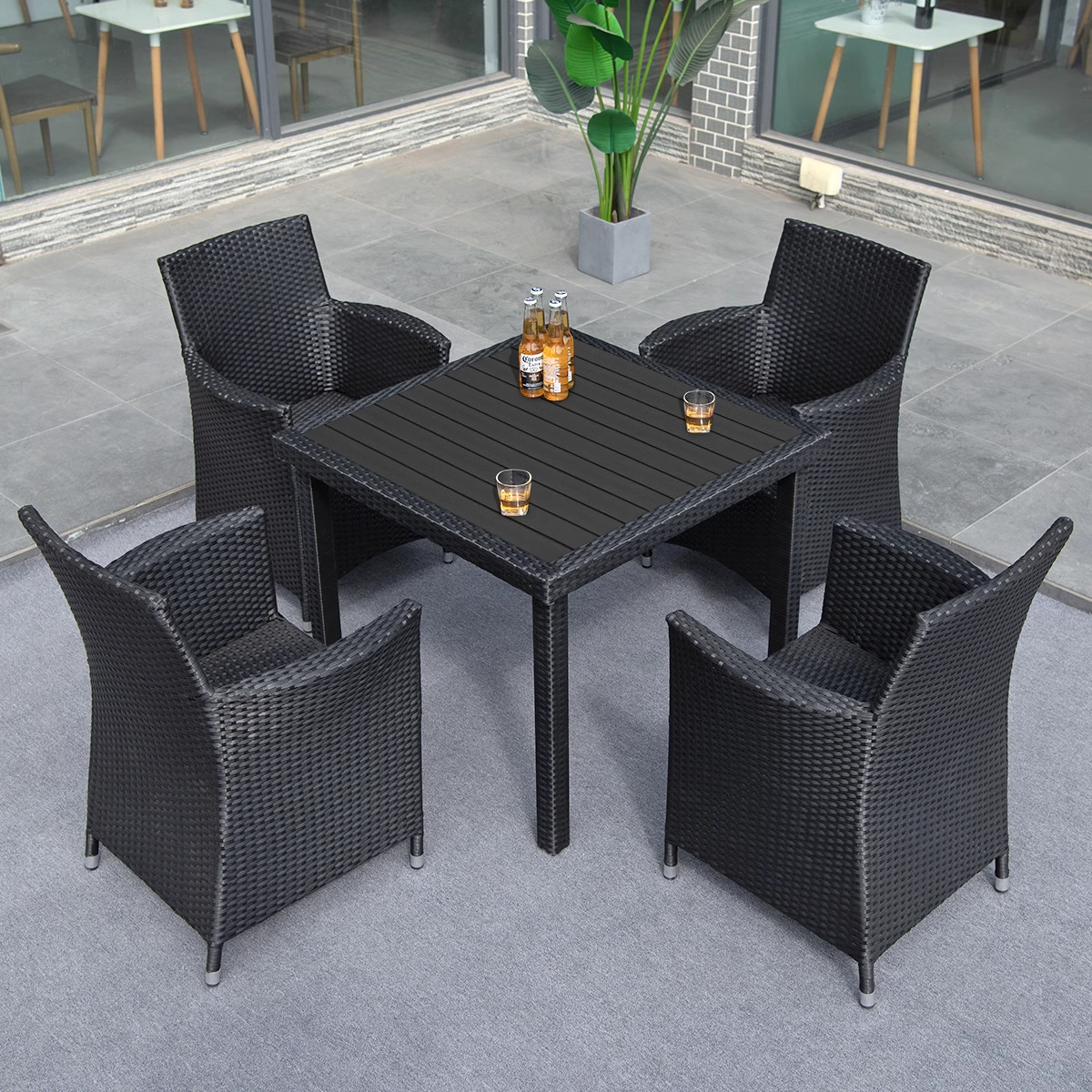 Mesas y sillas al aire libre, patio, combinación de sillas de ratán, terraza al aire libre, mesa de comedor comercial, silla, ocio, impermeable, protector solar
