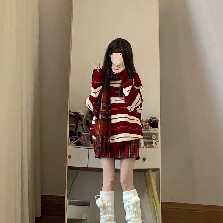 国潮牌情侣街头嘻哈宽松os粗细线条条纹毛衣甜美风减龄早秋外穿女