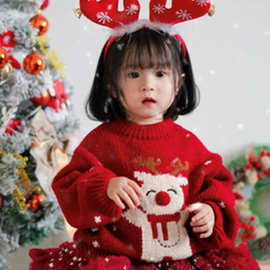 秋冬圣诞氛围感套头衫可爱男童女童小鹿针织衫洋气保暖上衣保暖