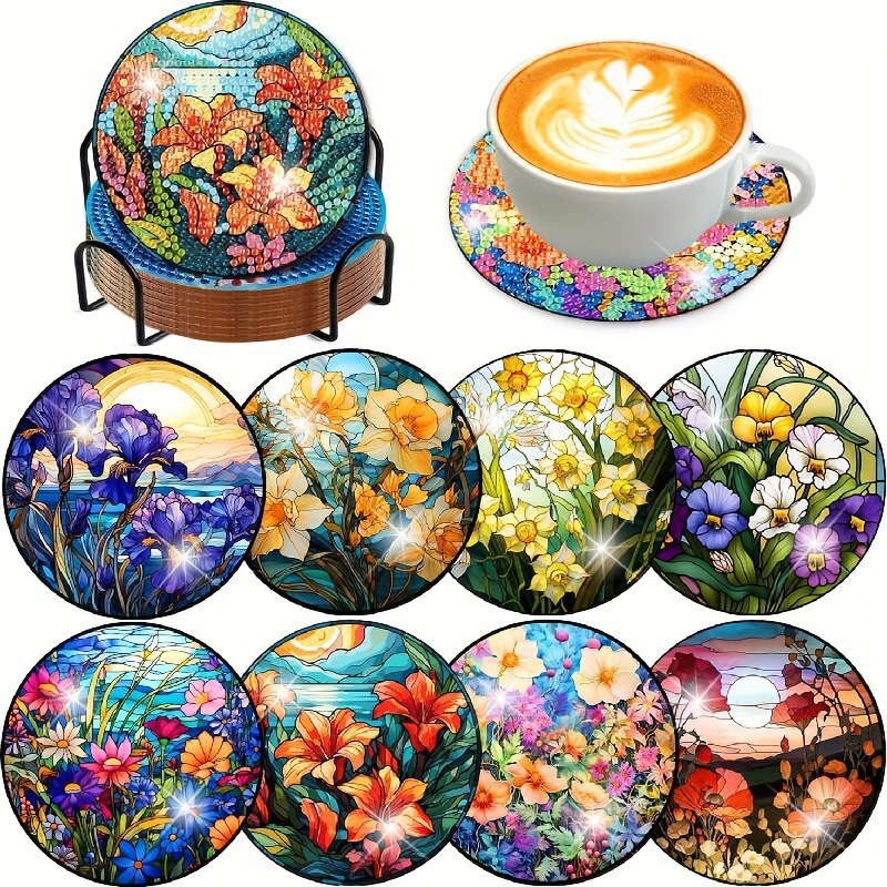 Ventas transfronterizas calientes de 8 piezas de conjunto de cojín de taza de arte de diamante, con soporte, pequeño conjunto de pintura de diamante, adecuado para adultos