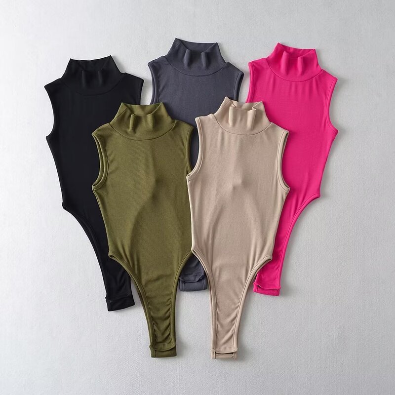 European and American sexy high collar sleeveless thread cotton elastic tight vest one-piece suit solid color primed anti-light