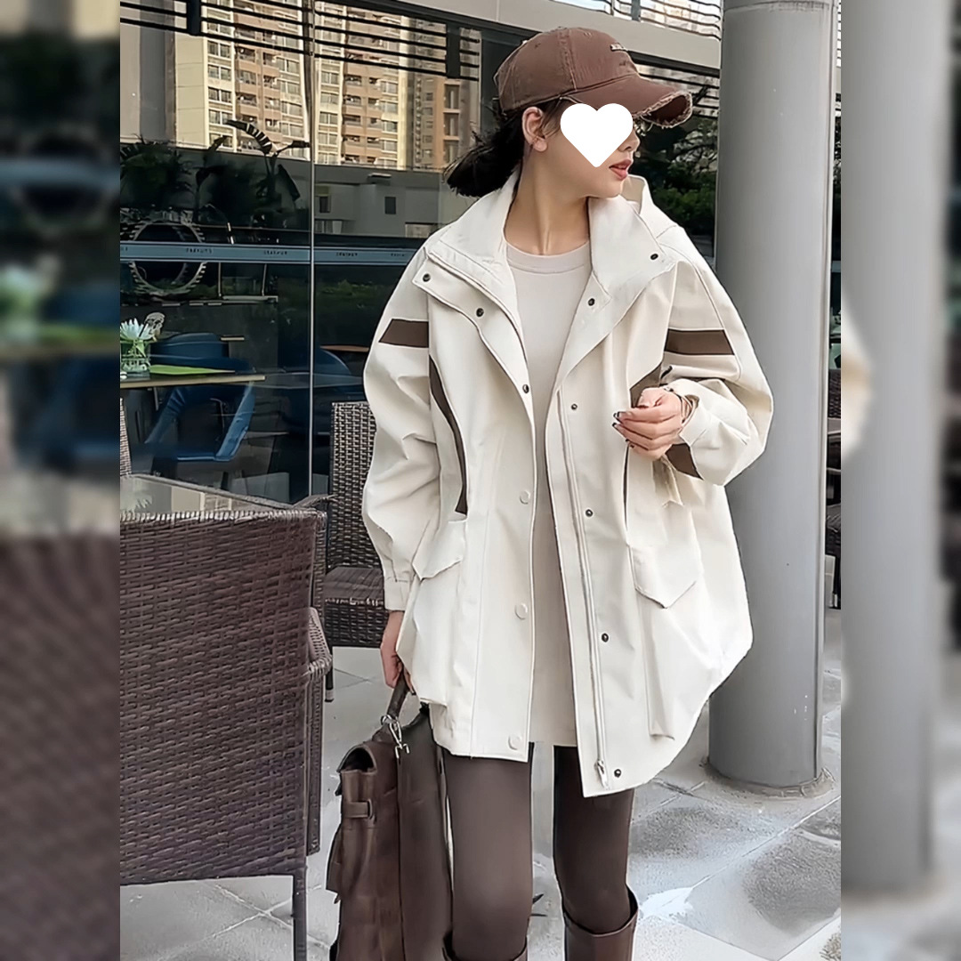 连帽羽绒棉服冲锋衣外套女2024春秋冬新款撞色中长款抽绳工装风衣