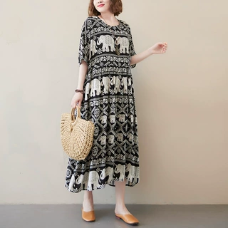 实拍夏季棉绸花民族风胖m复古气质长款可穿260斤女大摆短袖连衣裙