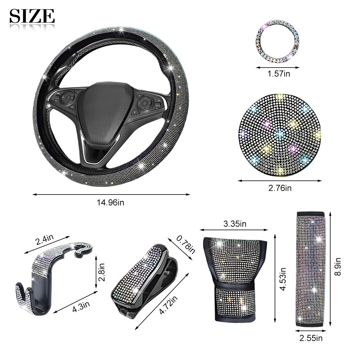11-Piece Car Interior Set with Diamond-Encrusted Steering Wheel Cover, Car Hook, Glasses Holder, One-Touch Start Ring