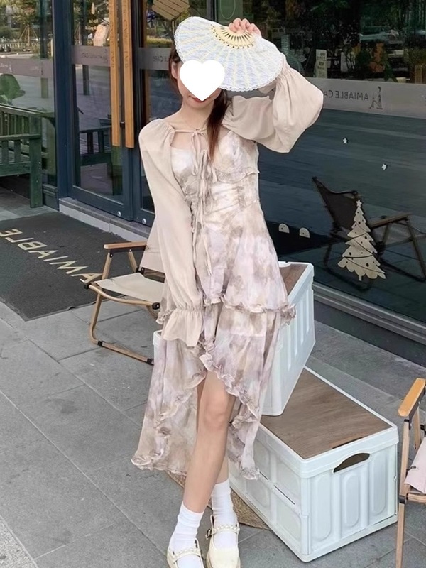 纯欲风超仙清冷系绝美水墨晕染吊带连衣裙女气质海边度假裙两件套|undefined