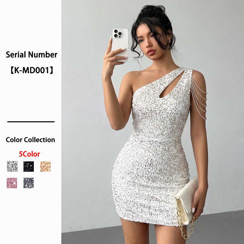 European and American Cross-Border Women's Fashion Sexy One-Shoulder Dress with High-End Design, Sequined Slim-Fit Bodycon Gown, Bodycon Skirt for Women