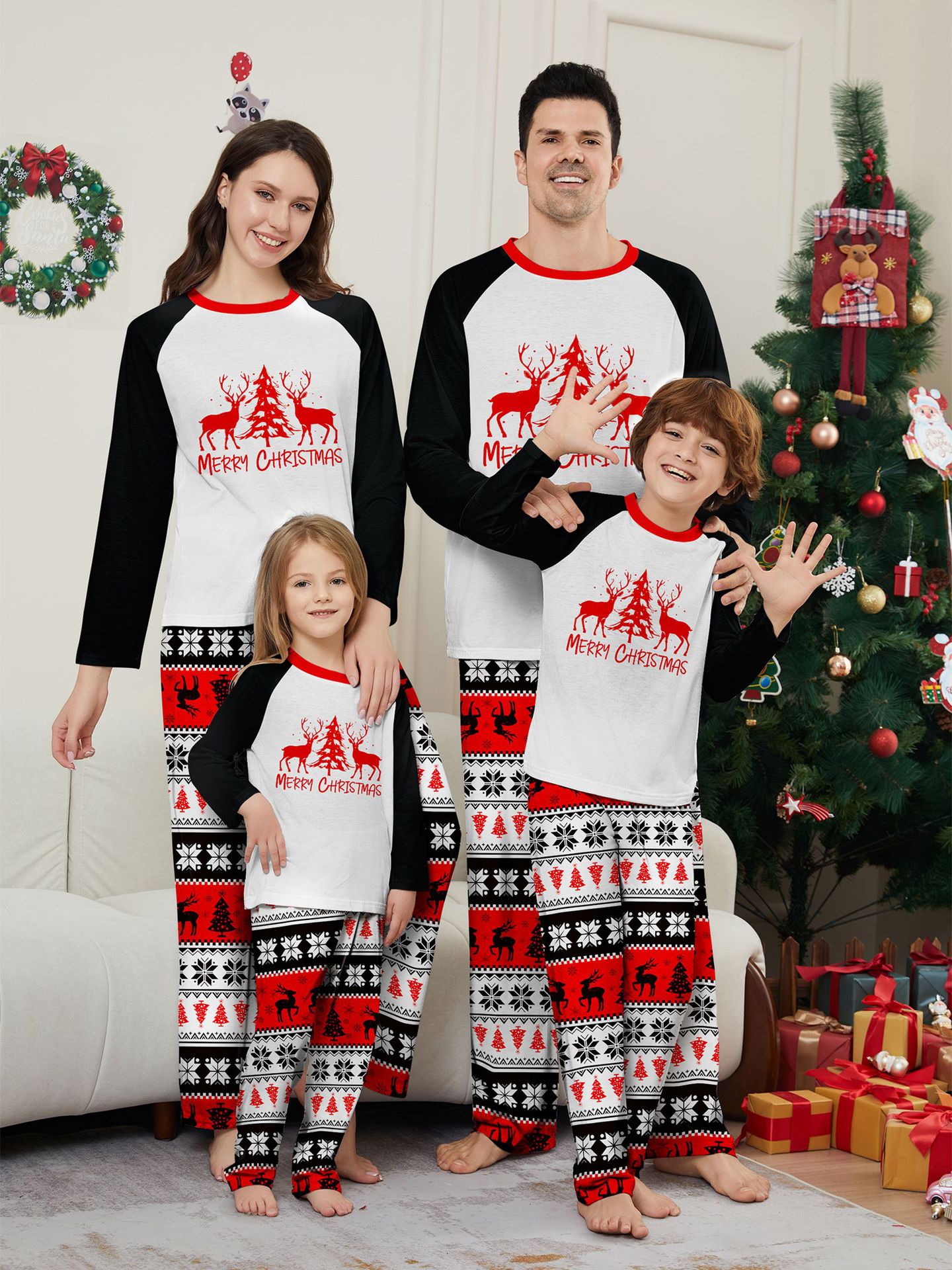 Robe de famille de Noël imprimée, pyjama, robe de maison, lettres de flocon de neige, Père Noël, cerf_voghion.com