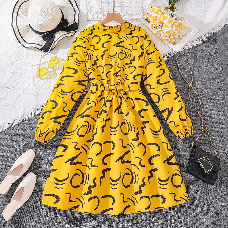Mädchen 7-12 Herbst Kinderkleidung Neues langärmliges bedrucktes Prinzessinnenkleid_voghion.com