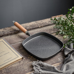 Small Happiness Cast Iron Wood Handle Pan for Home Use Striped Steak Pan Cast Iron Flat Pan Thick Pure Cast Iron Non-stick Pan