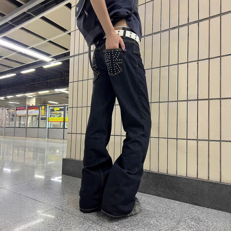 Plus-Size American Retro Spicy Girl Low-Waist Irregular Heavy Beaded Denim Jeans for Women with a Stylish Straight-Leg Slimming Design