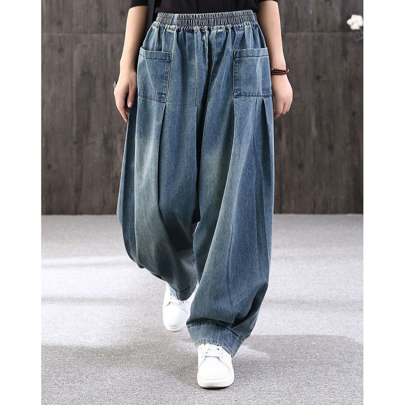 Spring New Arrival Loose plus size Pants for Chubby Girls Denim Harlan Pants Women's Artistic All-match Casual Baggy Pants Elegant Bloomers
