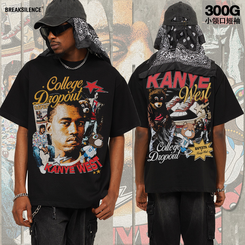 2025 Cross-border Kanye West American Short-sleeved Printed T-shirt Men's and Women's Cotton Trendy Top