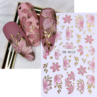 Cross-border New Flower Stickers Spring and Summer Cyber Celebrity Phnom Penh Flowers Pink Cherry Blossom Bronzing Ins Adhesive Nail Stickers