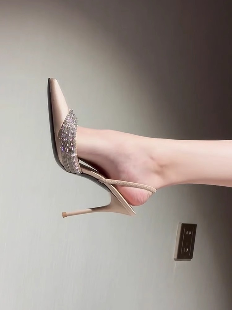 2025 New Pointed Champagne Color High Heels Stiletto Closed Toe Sexy Shallow Mouth Rhinestone Silk Strap Sandals For_vogvips.com