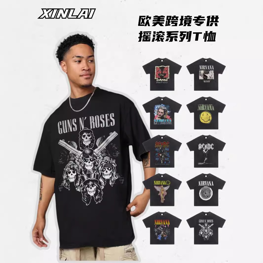 NIRVANA枪花乐队摇滚美式复古短袖t恤男水洗印花纯棉vintage跨境