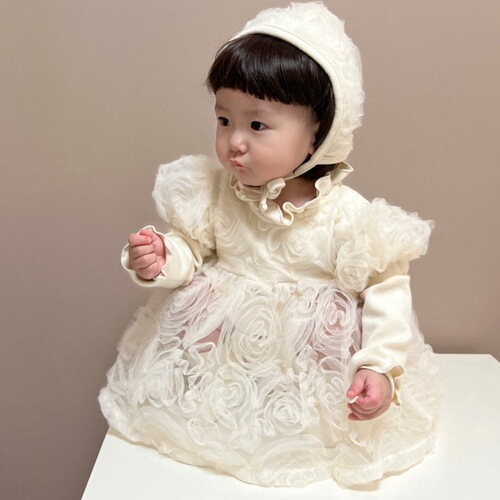 Korean style baby girl's style three-dimensional flower mesh puff sleeve dress ins soft cotton princess dress for small and medium-sized children