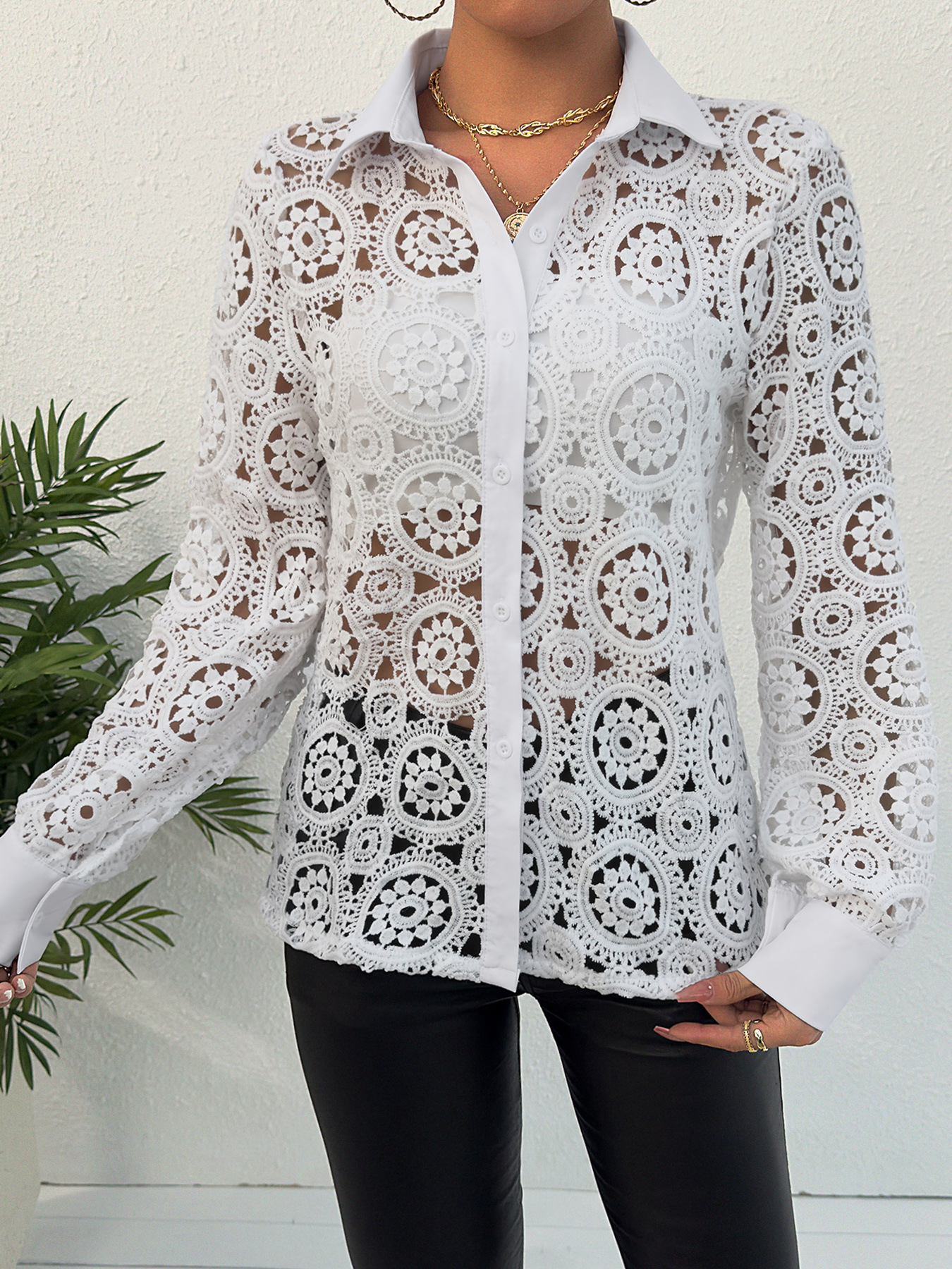 Women's Long Sleeve V Neck Lace Shirt Blouse Fashion Top_ecoleips.com