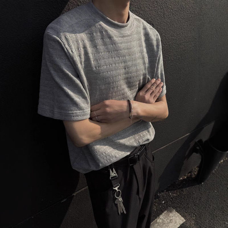 T-shirt jacquard court et respirant de couleur unie pour homme, coupe slim, polyvalent, col rond, manches mi-longues_voghion.com