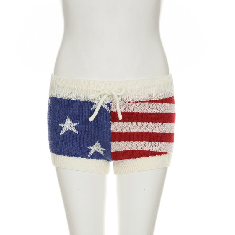 Street Sexy Low Waist Star Stripes Contrast Color Woolen Shorts Sexy Lace up Slim Fit All Match Retro Pants