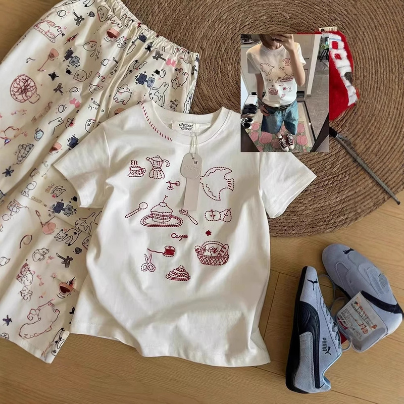 アメリカンレトロなヘビーウェイト刺繍白半袖Tシャツレディース夏デザイン楽しいスリムラウンドネックショルダートップ|undefined