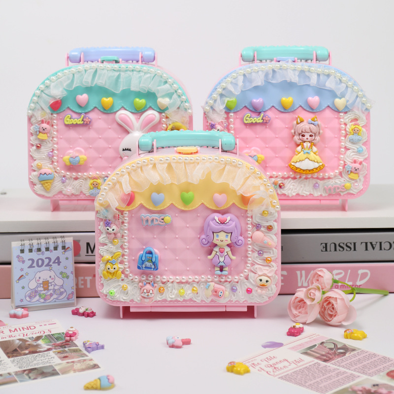 儿童diy奶油胶白兔小公主收纳盒大容量发夹头绳材料包手提箱储物