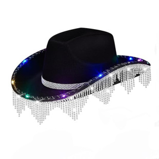 In-Stock Black Rhinestone V-Shaped Tassel Rhinestone Strip Light-Up Cowboy Hat Black Rhinestone Long Tassel Led Cowboy Hat