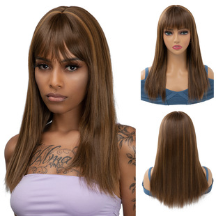 New cross-border European and American wig women's long straight hair fashion highlight simulation chemical fiber bangs wig full head cover wholesale
