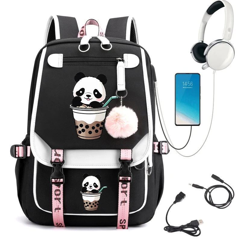 Cross-Border Shipping of Panda-Themed Bubble Tea Anime Backpacks for Teenagers, Casual USB Student Backpacks for Boys and Girls Cross-Border Shipping of Panda-Themed Bubble Tea Anime Backpacks for Teenagers, Casual USB Student Backpacks for Boys and Girls