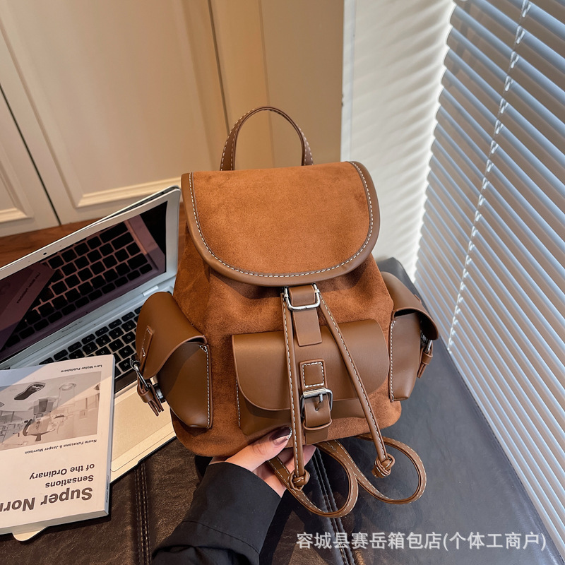 复古跨境多口袋双肩背2025新款秋冬大容量翻皮绒时尚百搭女士双肩|undefined