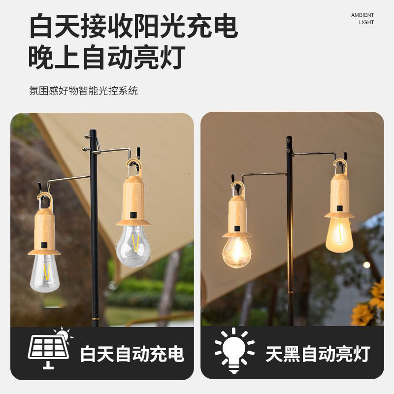 太阳能木纹款球泡灯露营帐篷钨丝氛围灯便携充电防水长续航野营灯|undefined