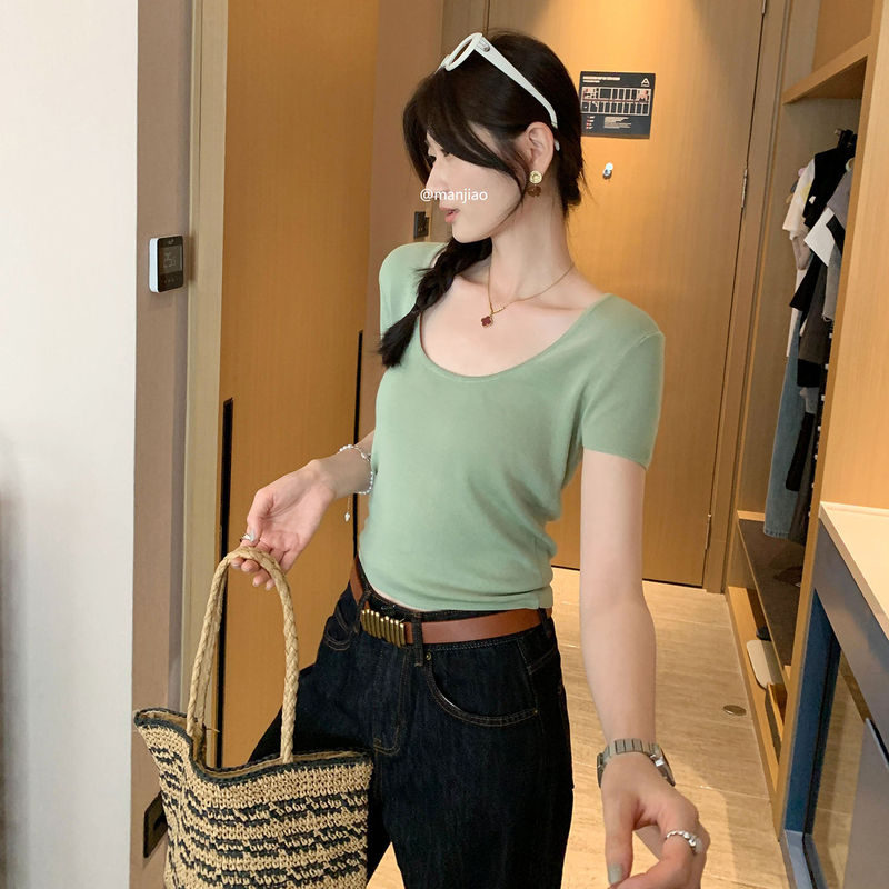 Lyocell Tencel Green Large U-Neck Right Shoulder Short-Sleeved Knitwear for Women 2025 Summer New Unique and Beautiful Top