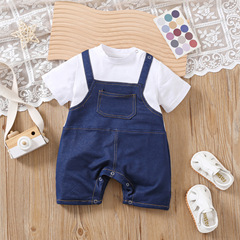 嬰兒衣服夏裝連體衣男女寶寶假兩件仿牛仔外出服夏季短袖哈衣代發