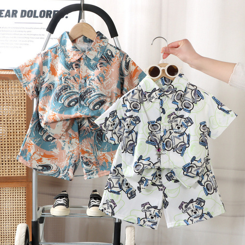 Ikat-dyed children's summer fashionable full-print Hong Kong-style shirt set for boys, trendy and stylish, Korean-style short sleeves
