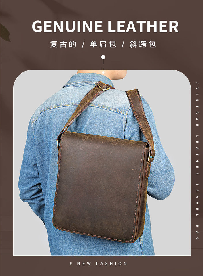 Túi đeo chéo nam da thật da ngựa điên , đựng vừa máy tính bảng 9 inch — Màu cà phê, Màu nâu nhạt chi tiết 9