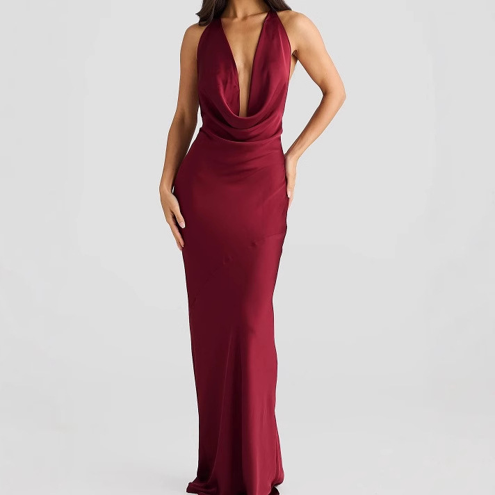 Women's Sleeveless Halter Neck Long Dress Solid Color Satin Slim Fit Sexy Fashion_ecoleips.com