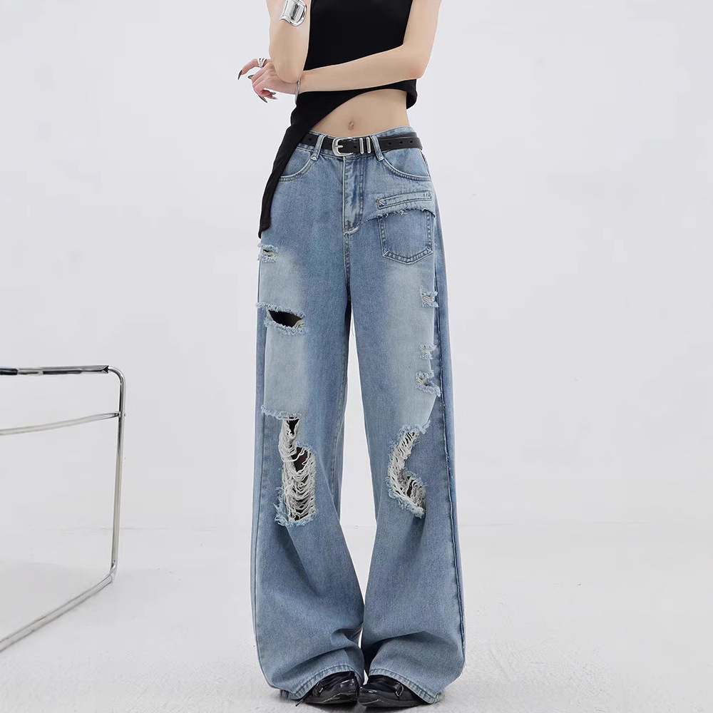 KEL美式淺色水洗破洞牛仔褲夏季薄款女新款百搭顯瘦拖地闊腿長褲