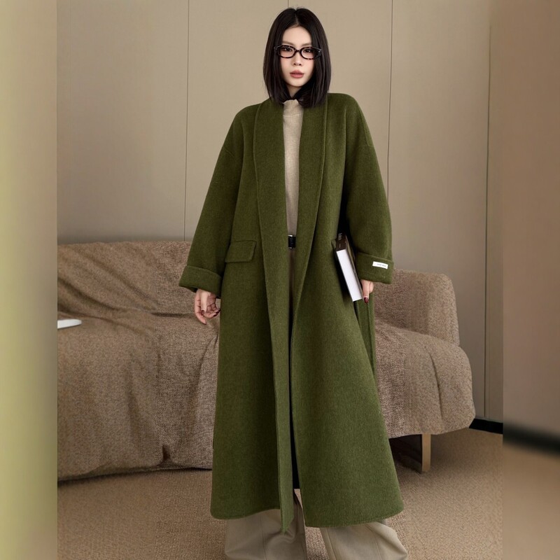 【Emerald Green】Hong Kong Style Retro Green Fruit Collar Double-Sided Wool Coat for Women, High-End Loose Alpaca Wool Overcoat 【Emerald Green】Hong Kong Style Retro Green Fruit Collar Double-Sided Wool Coat for Women, High-End Loose Alpaca Wool Overcoat