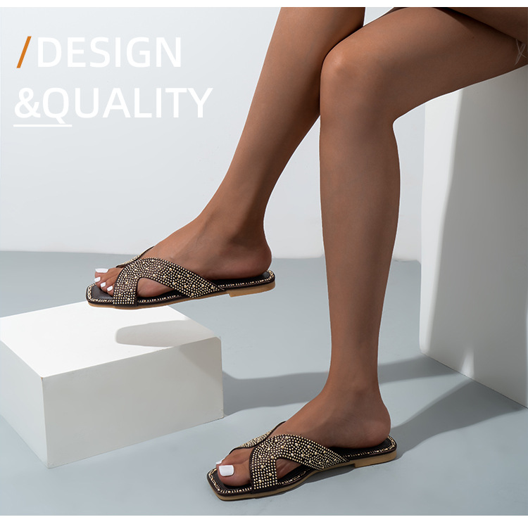 Fashion Ironing Diamond Flat Bottom Slippers Female Slides Square Head Hollow Sandals_voghion.com