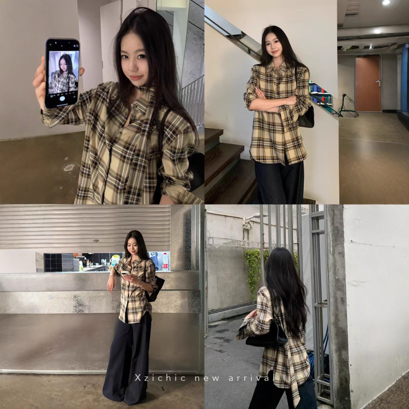 Xzichic英伦风格纹衬衫秋季新款面料长袖衬衣飘带上衣女|undefined