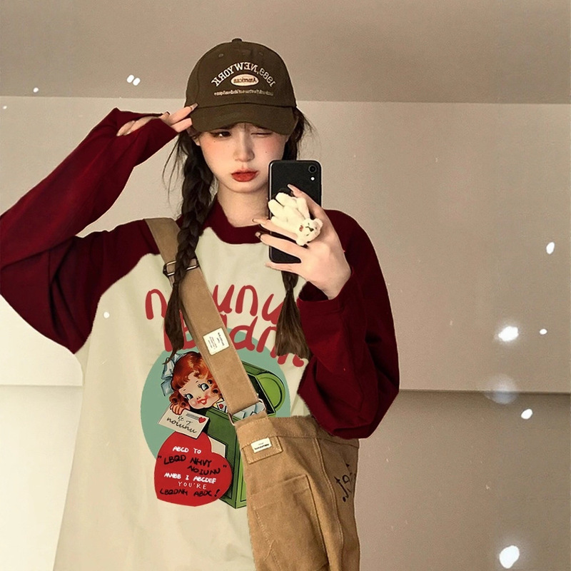 100% Pure Cotton Burgundy Raglan Long-Sleeve T-Shirt for Women, Autumn and Winter Dopamine Style, Loose Base Layer, Fashionable Versatile Top