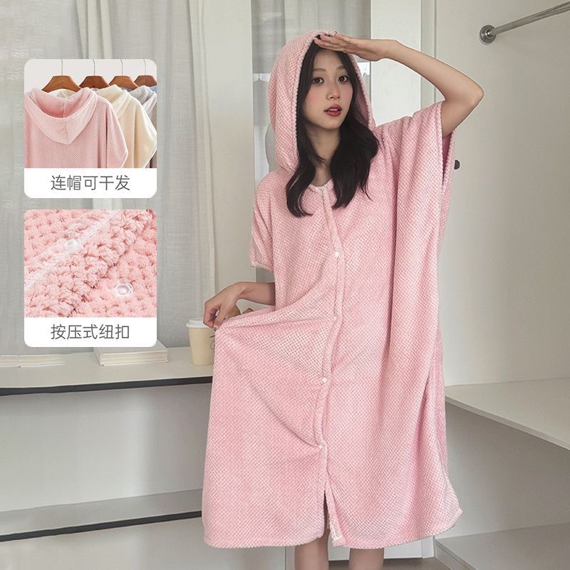 여성용 새로운 일반 산호 벨벳 목욕 가운은 집에서 매일 착용하고 랩핑할 수 있으며 후드가 있는 흡수성 두꺼운 가정복 목욕 가운입니다.