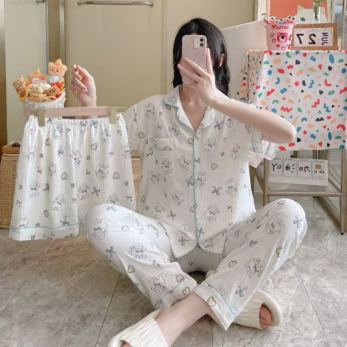Venta al por mayor transfronteriza 120g pijamas de algodón de nube de verano de manga corta para mujer pantalones cortos de algodón de nube de verano de tres piezas servicio a domicilio de dibujos animados