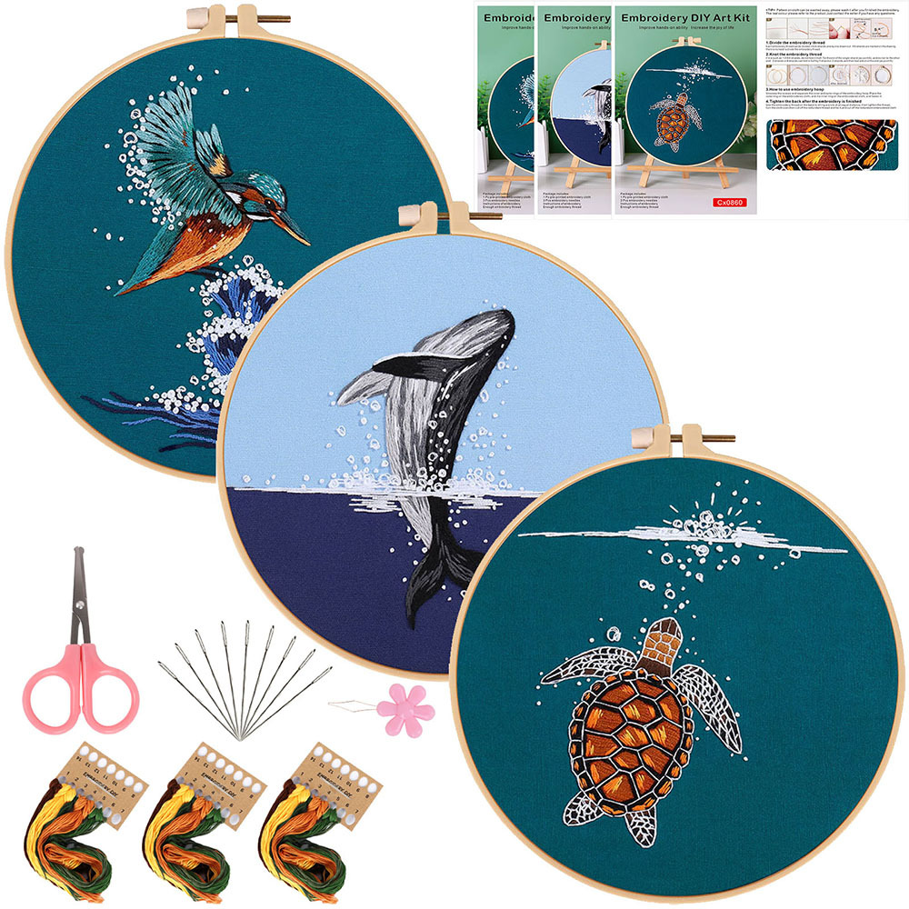 Bordado original DIY material de mano paquete ballenas de agua animales bordados tridimensionales europeos amazon transfronterizos inglés