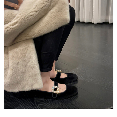 Studiolee Autumn and Winter New Square Toe Rhinestone Square Buckle Flat Bottom Mary Jane Shoes for Women