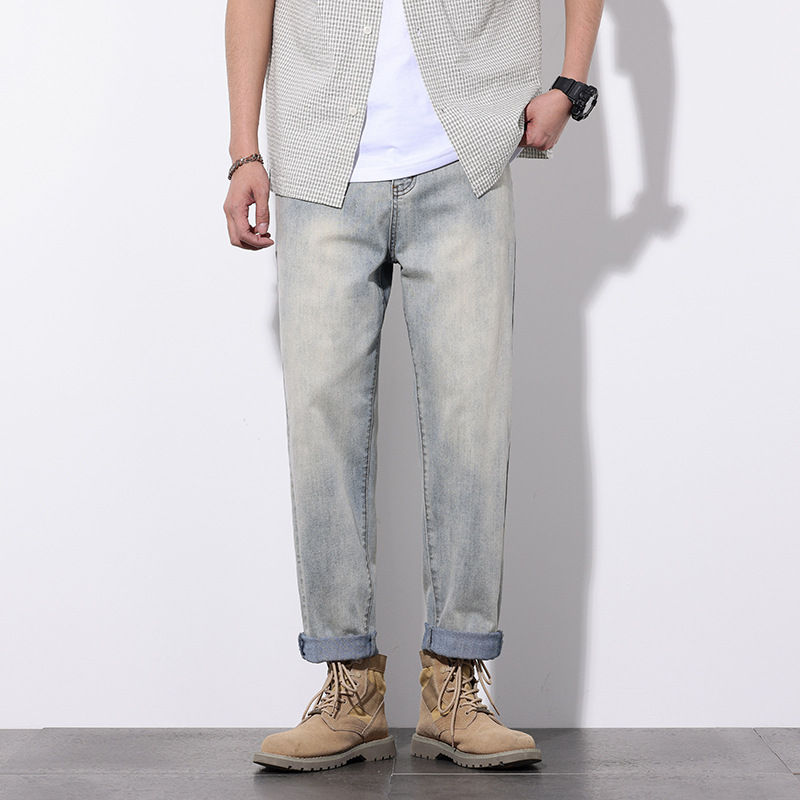 Men's summer new washed jeans, men's loose, simple and versatile elastic cropped pants_voghion.com