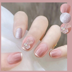 X-200假指甲片可拆卸美甲貼片成品穿戴式法式銀邊水晶萌熊甲片女