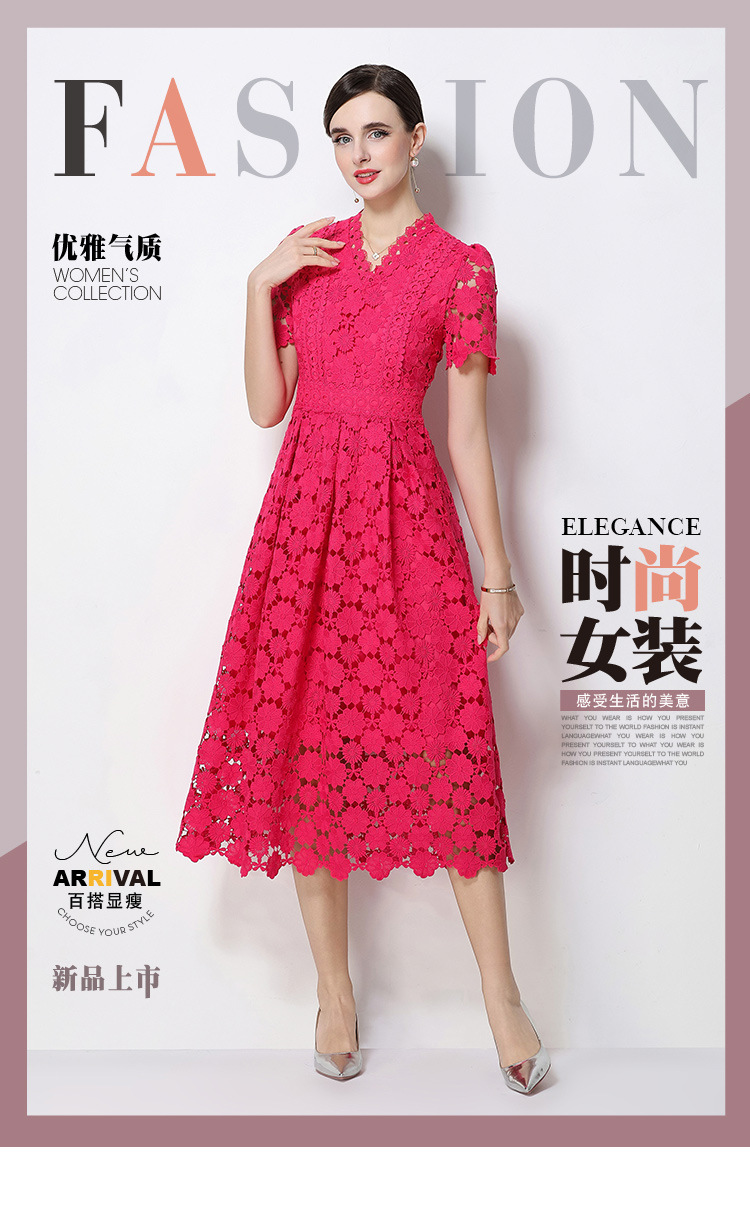 Đầm maxi nữ cổ V ren thắt eo tay ngắn họa tiết rỗng — màu đen, Rượu vang đỏ, màu hồng đậm, màu trắng chi tiết 88