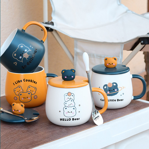 Cartoon ceramic mug with lid, breakfast cup, household milk cup, cute couple water cup, high-looking drinking cup
